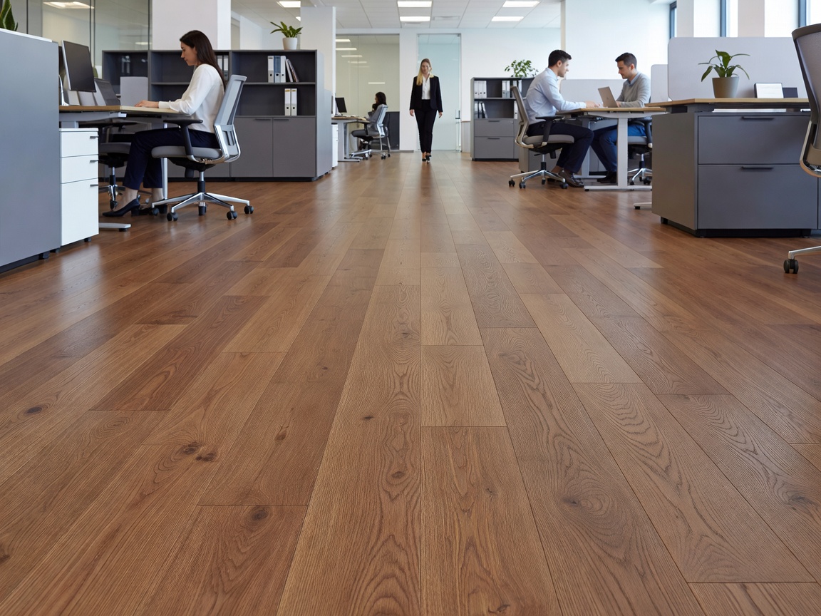 Engineered wood flooring in an occupied office interior