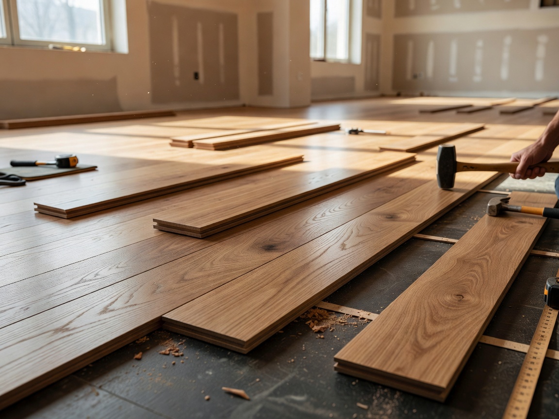 Hardwood floorboards being fitted in an interior