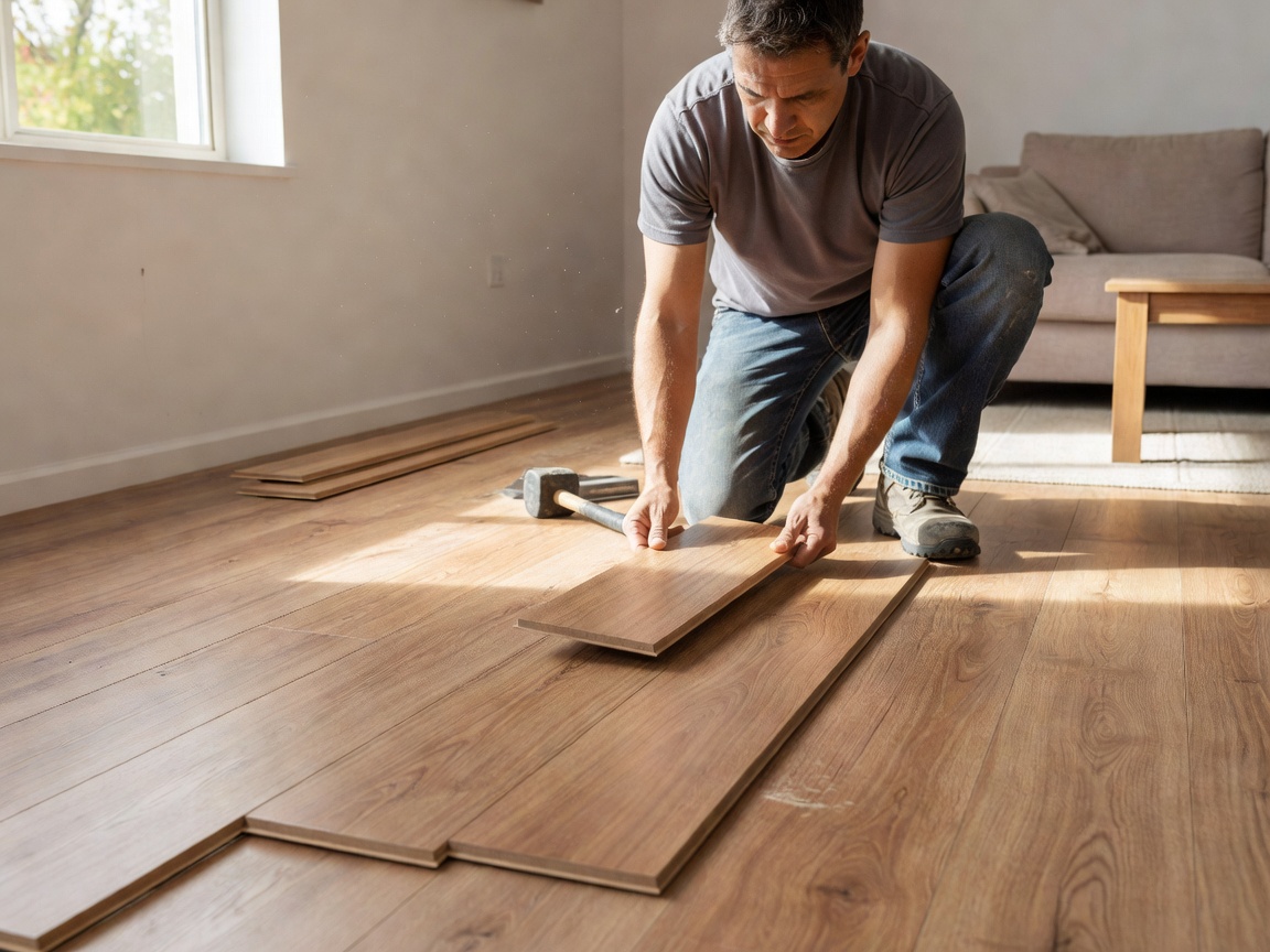 Laminate flooring planks being installed in a residential room