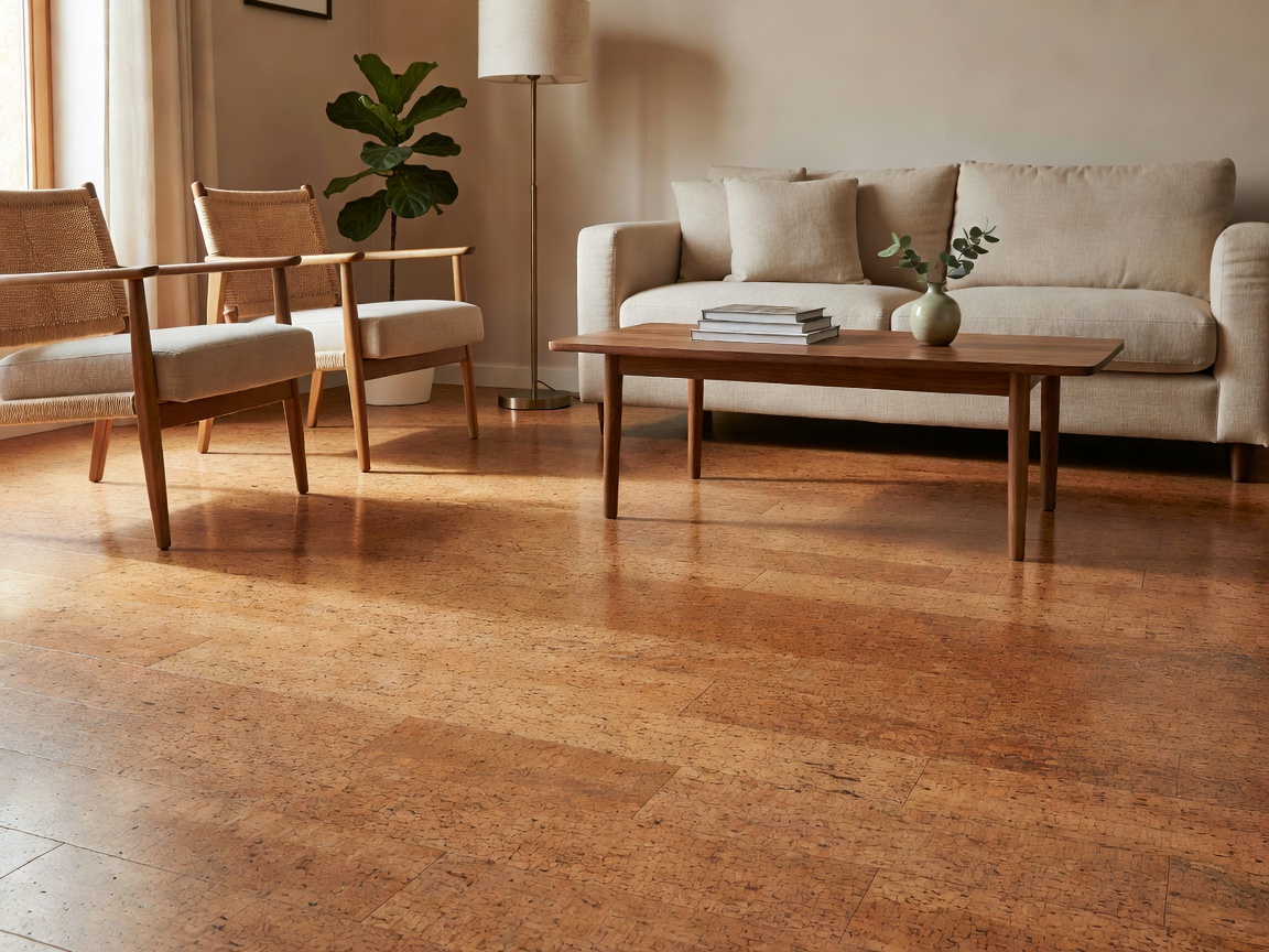Natural cork-style floor visible in a furnished living interior