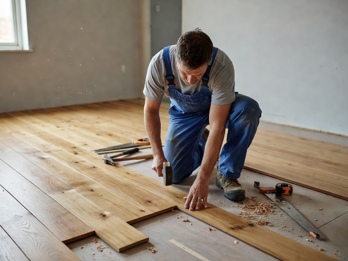 Professional flooring installer fitting timber floorboards inside a real interior