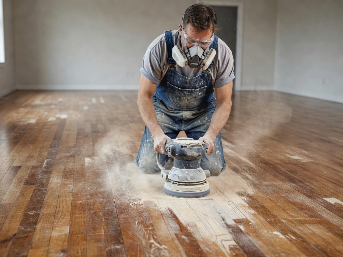 Professional worker preparing and sanding an existing wood floor