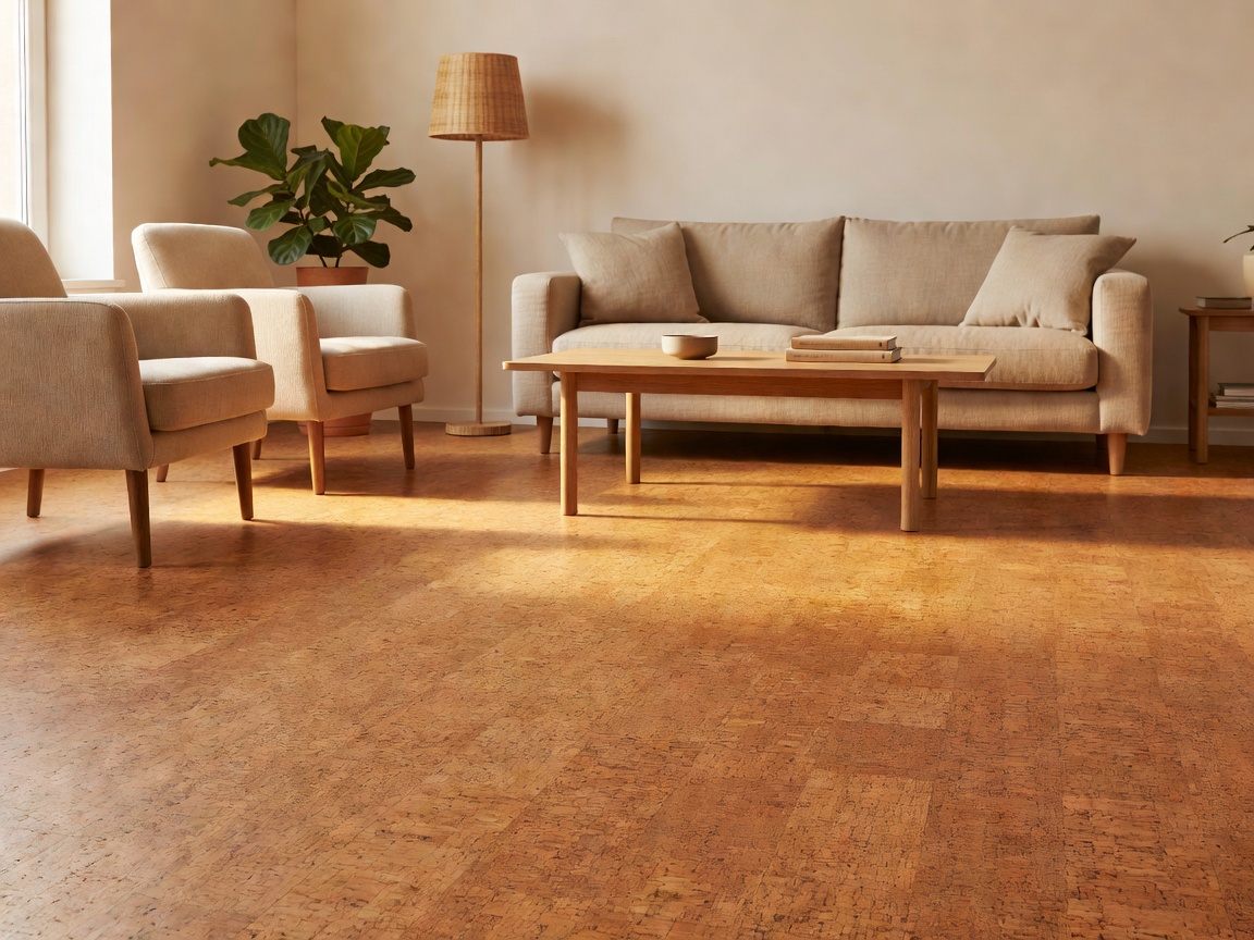 Warm natural cork-style flooring in a living room